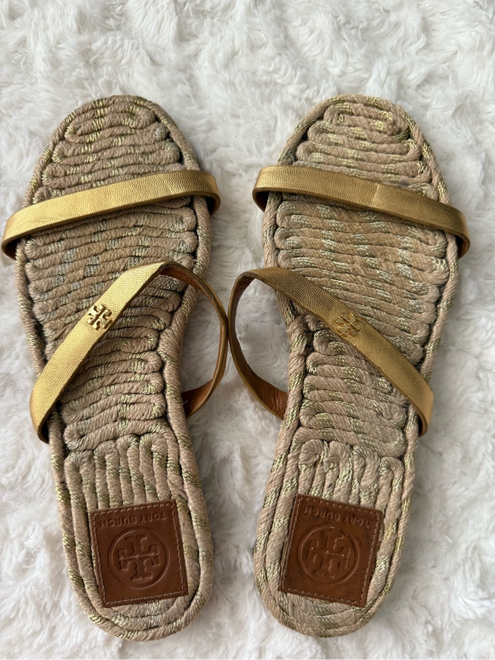 Tory Burch Women's Two-Band Flat Metallic Goat Madras Espadrille Slide
